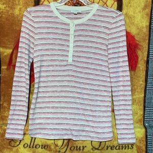 LOFT SLEEP-women’s white/pink stripe rayon long sleeve button-down sleepwear top